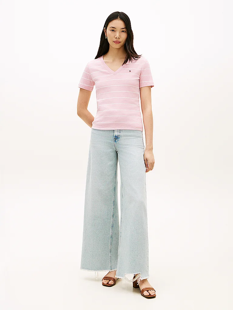 Tommy Hilfiger T-shirt à Manches Courtes Et Col En V Slim Cody Fine Stp Bonita Pink / Ecru S Femme 4